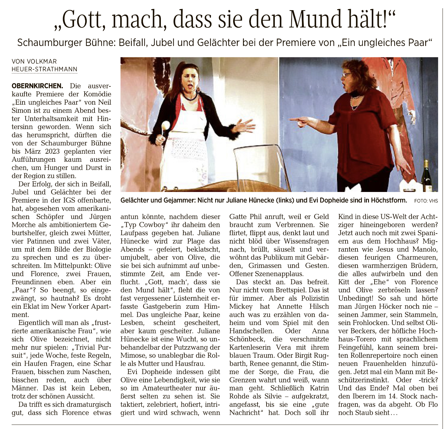 Die ausverkaufte Premiere der Komödie "Ein ungleiches Paar" von Neil Simon ist zu einem Abend bester Unterhaltsamkeit mit Hintersinn geworden. Wenn sich dsa herumspricht, ...